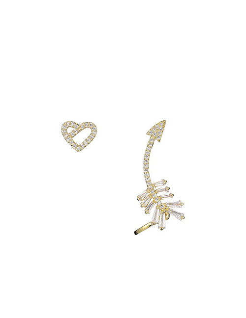 Fashion Gold Asymmetrical Bronze Diamond Heart Arrow Stud Earrings