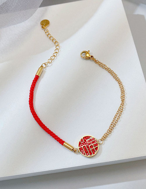 Fashion Red Diamond Fu Titanium Steel Geometric Medallion Cord Braided Bracelet