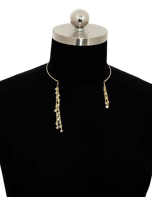 Fashion Gold Metal Geometric Star Tassel Collar