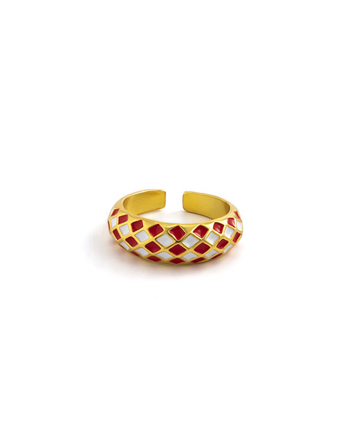 Fashion Gold+red And White Alloy Drip Oil Checkerboard Ring