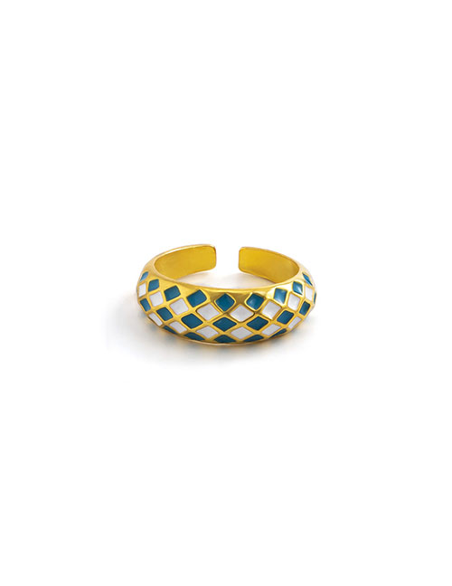 Fashion Gold+blue And White Alloy Drip Oil Checkerboard Ring