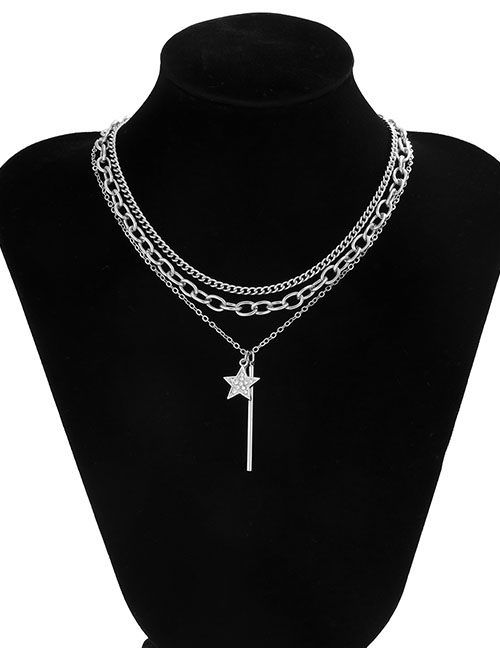 Fashion White K Alloy Diamond Five-pointed Star Multilayer Necklace