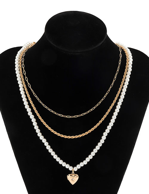 Fashion Gold Alloy Diamond Love Pearl Beaded Multilayer Necklace