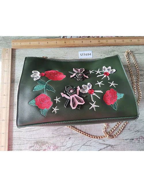 Fashion Green Pu Flower Embroidered Crossbody Bag