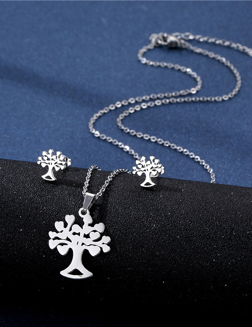 Fashion Silver Stainless Steel Tree Of Life Stud Earrings Necklace Set