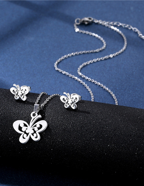 Fashion Silver Stainless Steel Butterfly Stud Necklace Set
