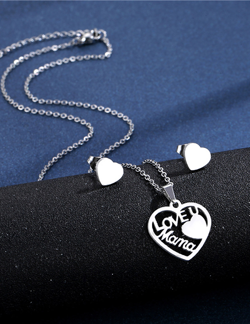 Fashion Silver Stainless Steel Letter Love Ear Stud Necklace Set