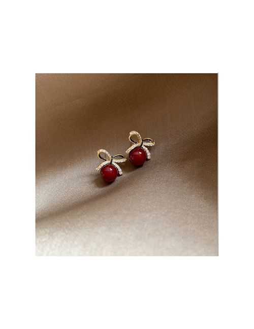 Fashion Red Alloy Diamond Bowknot Ball Stud Earrings