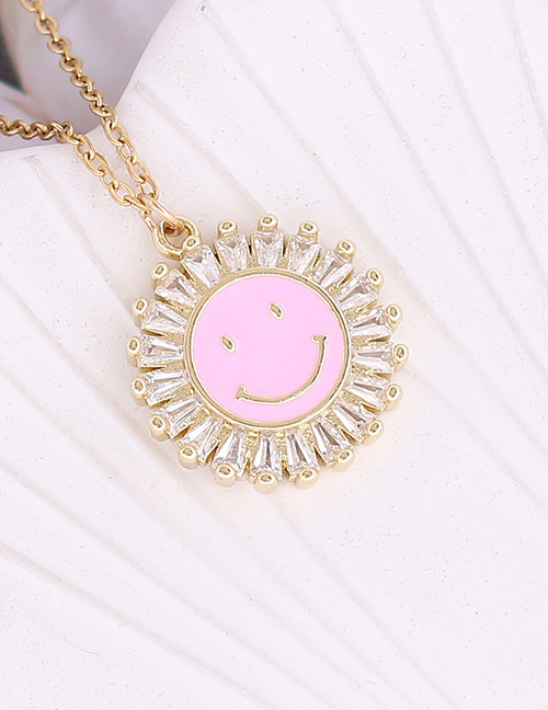 Fashion 1#pink Copper Inlaid Zirconium Sunflower Dripping Oil Smiley Face Necklace