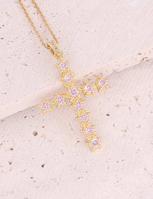 Fashion 5#pink Copper Inlaid Zirconium Cross Necklace