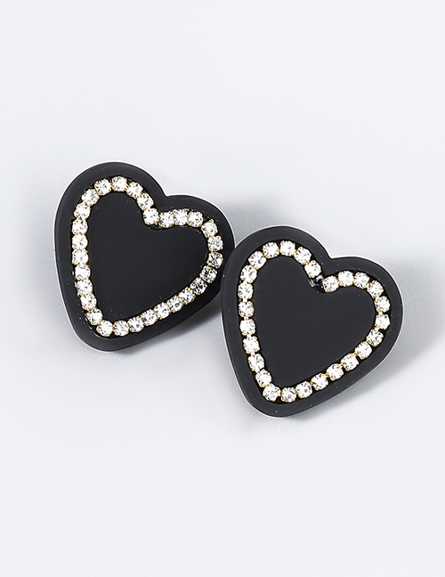Fashion Black Alloy Diamond Acrylic Heart Stud Earrings