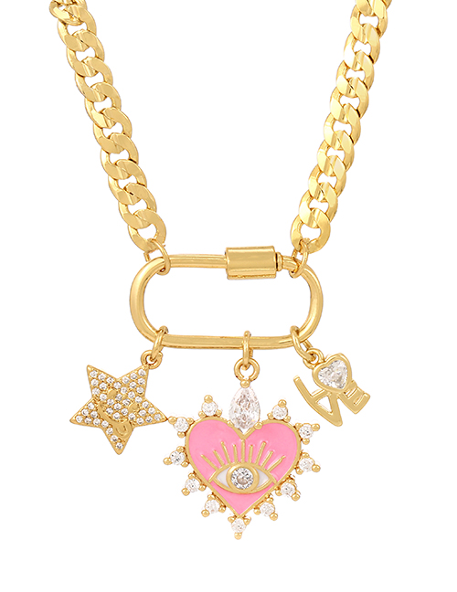 Fashion Pink Copper Inlaid Zirconium Thick Chain Love Heart Eye Letters Paper Clip Necklace