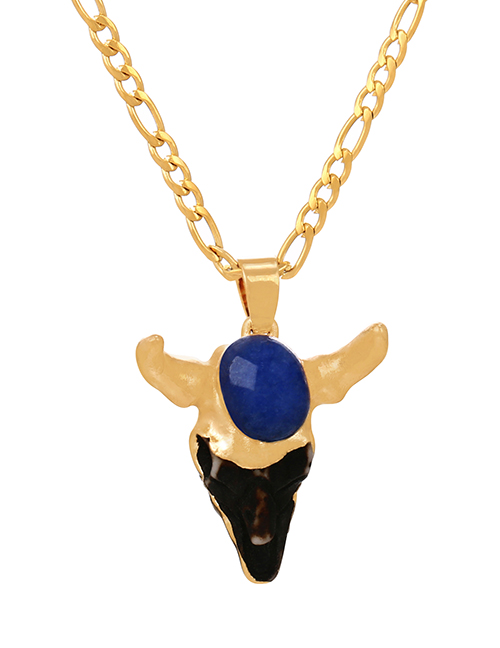 Fashion Navy Blue Titanium Steel Thick Chain Resin Bull Head Necklace