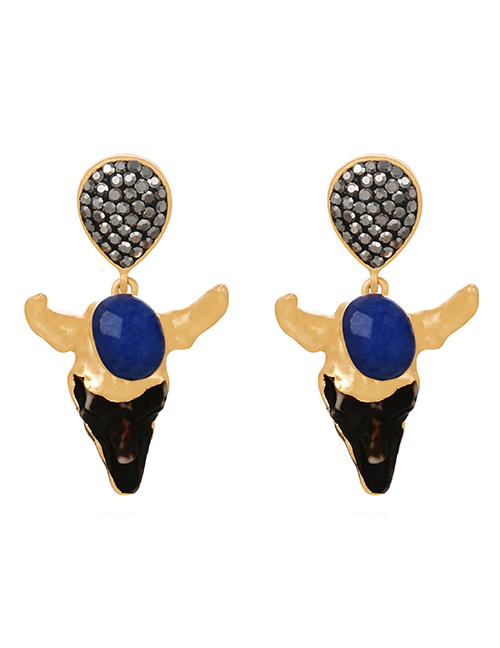 Fashion Navy Blue Titanium Steel Diamond Resin Bull Head Stud Earrings