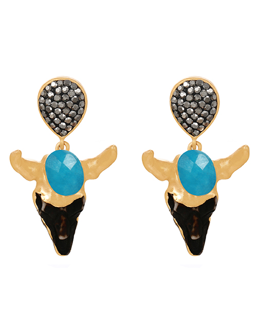 Fashion Blue Titanium Steel Diamond Resin Bull Head Stud Earrings