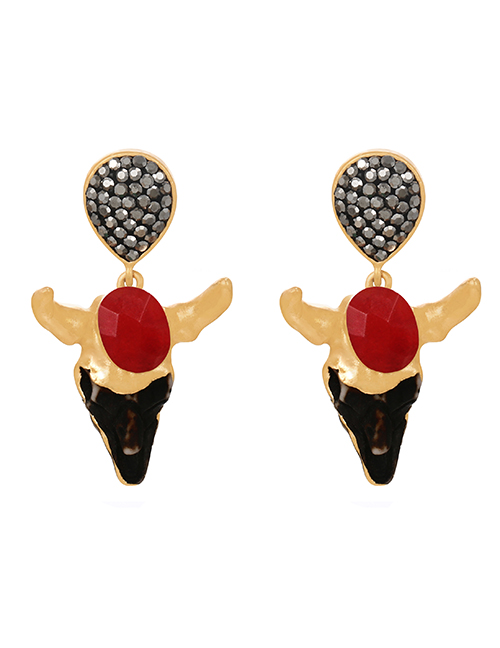 Fashion Red Titanium Steel Diamond Resin Bull Head Stud Earrings