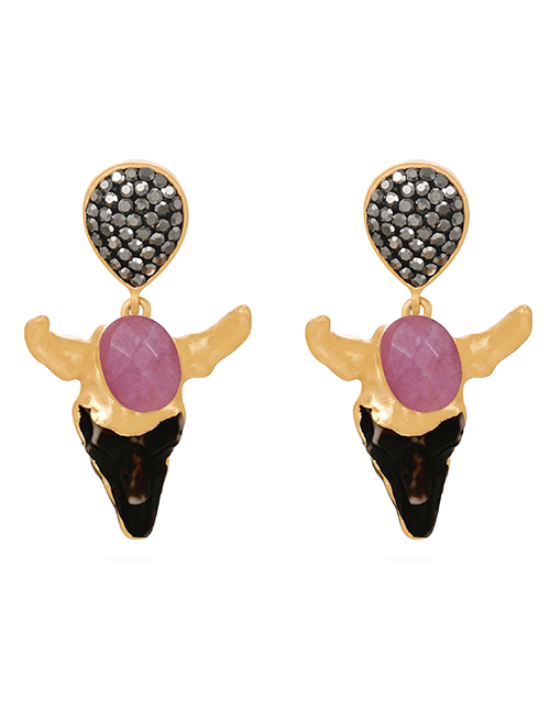 Fashion Purple Titanium Steel Diamond Resin Bull Head Stud Earrings