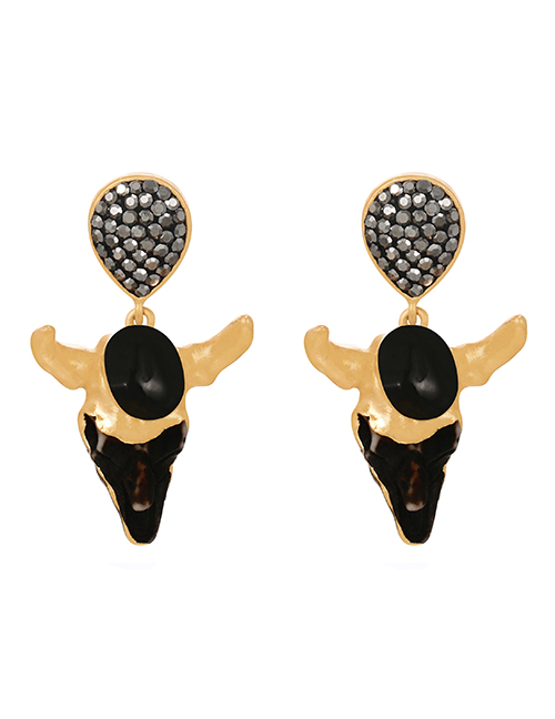 Fashion Black Titanium Steel Diamond Resin Bull Head Stud Earrings