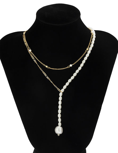 Fashion Gold Pearl Beaded Stitching Chain Y-shaped Necklace