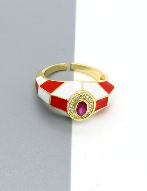 Fashion Red Plaid Alloy Inlaid Zirconium Geometric Diamond Open Ring