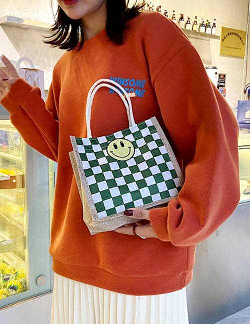Fashion Green Canvas Checkerboard Smiley Label Large Capacity Tote Bag