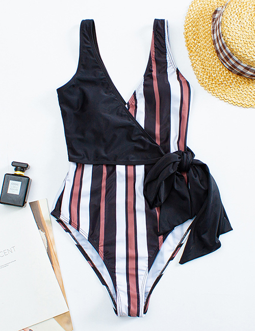 Fashion 6# Polyester Cross-tie One-piece Striped Swimsuit