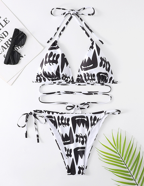 Fashion 4# Polyester Printed Halterneck Lace Split Swimsuit