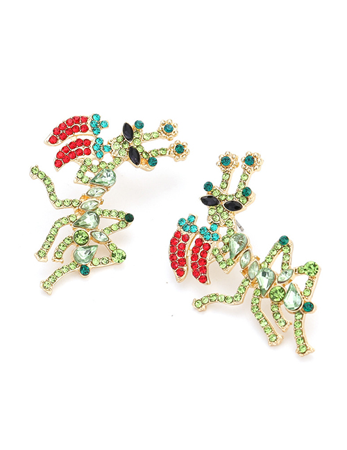 Fashion Green Alloy Diamond Mantis Stud Earrings