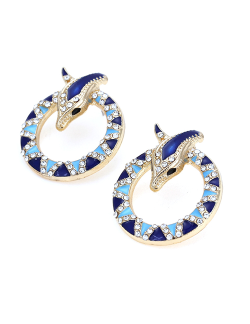 Fashion Blue Alloy Diamond-studded Oil Drop Snake-shaped Earrings
