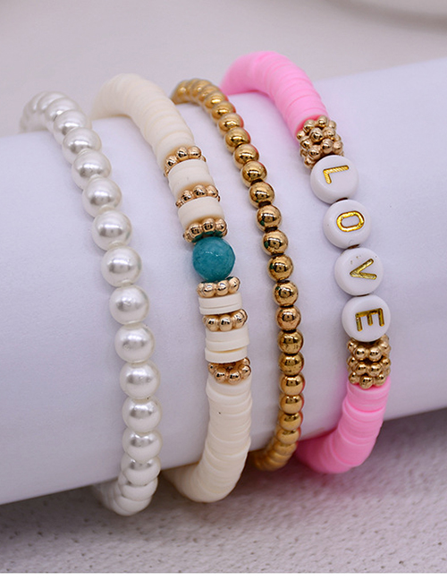 Fashion White Soft Ceramic Letter Beads And Pearl Beaded Bracelet Set