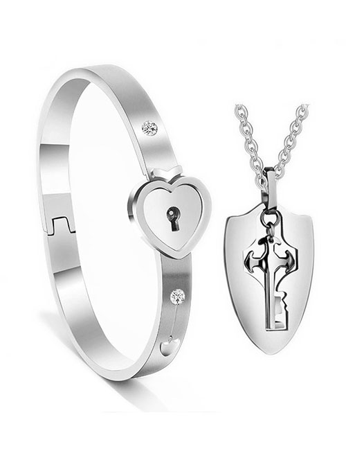 Fashion Shield Silver Color Titanium Steel Love Lock Bracelet Key Set Necklace Set