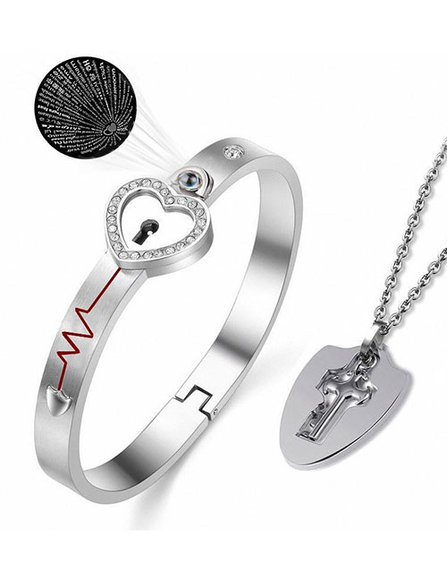 Fashion One Hundred Languages ??silver Color Titanium Steel Love Lock Bracelet Key Set Necklace Set