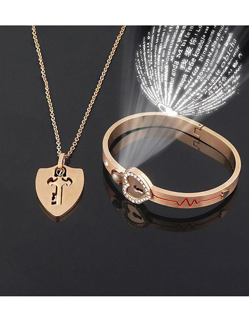 Fashion One Hundred Languages ??rose Gold Color Titanium Steel Love Lock Bracelet Key Set Necklace Set