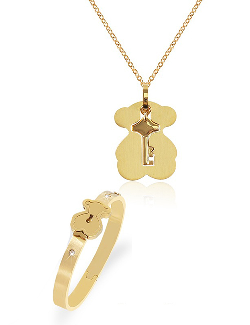 Fashion Bear Gold Coloren Titanium Steel Bear Lock Bracelet Key Set Necklace Set