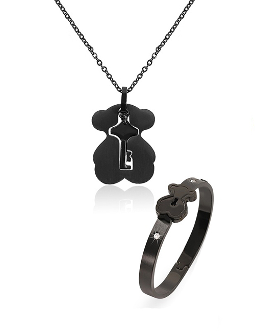 Fashion Bear Black Titanium Steel Bear Lock Bracelet Key Set Necklace Set