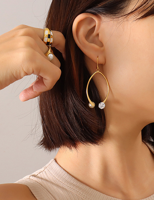 Fashion Pair Of Gold Color Earrings Titanium Steel Inlaid Zirconium Geometric Earrings