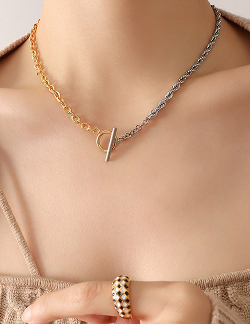 Fashion X178-gold Coloren Necklace-40cm Titanium Steel Gold-plated Double Color Matching Ot Buckle Necklace
