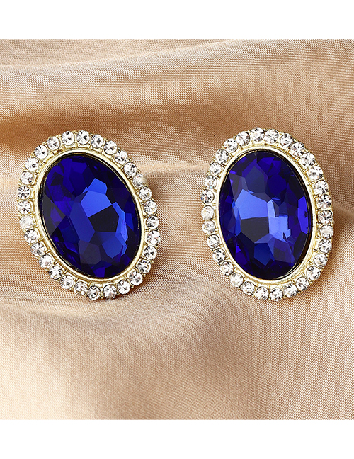 Fashion Royal Blue Alloy Oval Crystal Stud Earrings