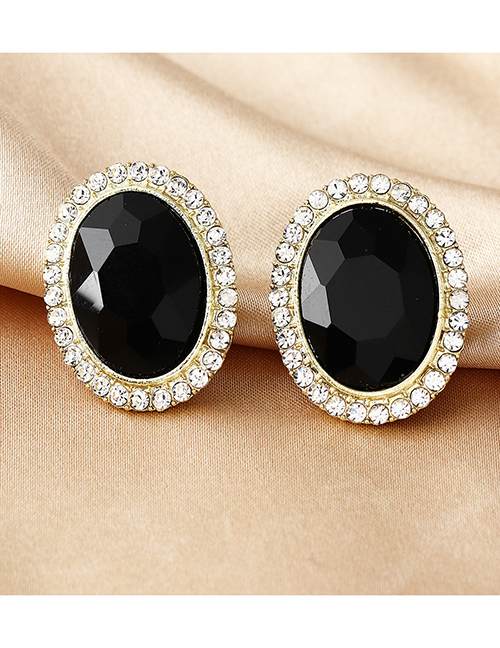 Fashion Black Alloy Oval Crystal Stud Earrings