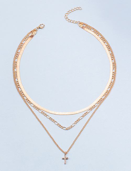 Fashion Gold Color Alloy Diamond Cross Snake Bone Chain Multilayer Necklace