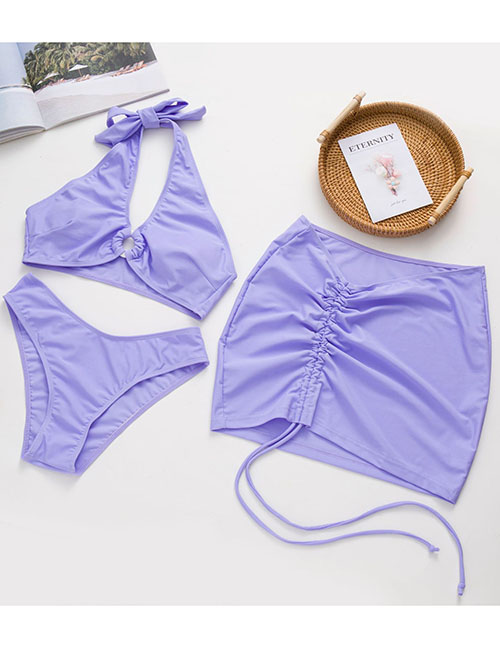 Fashion Purple Three-piece Solid Color Halterneck Strappy Drawstring Swimsuit
