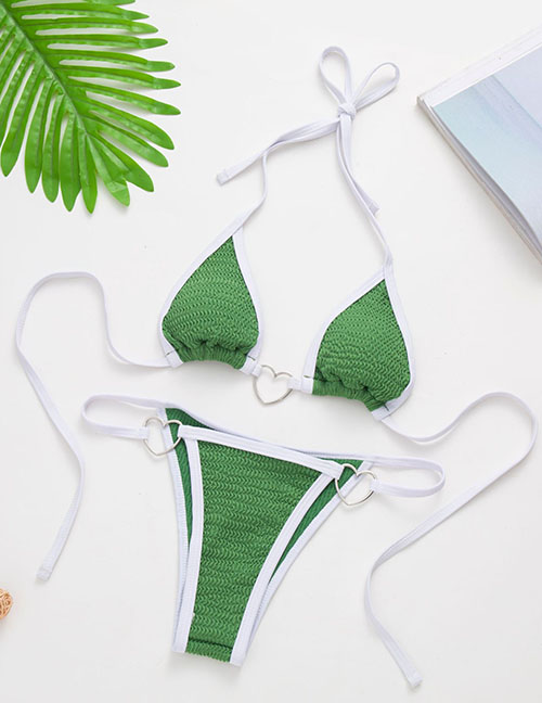Fashion Green Polyester Pit Strip Halterneck Lace Split Swimsuit