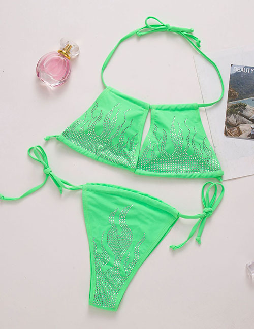 Fashion Green Solid Color Rhinestone Flame Print Halterneck Lace Split Swimsuit