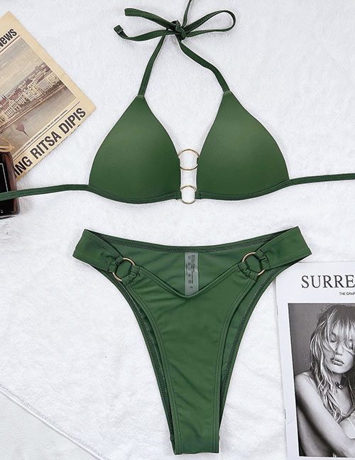 Fashion Green Solid Color Halterneck Lace Split Swimsuit