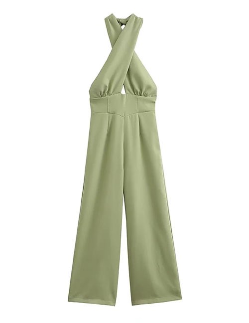 Fashion Green Cross Halterneck Straight-leg Jumpsuit