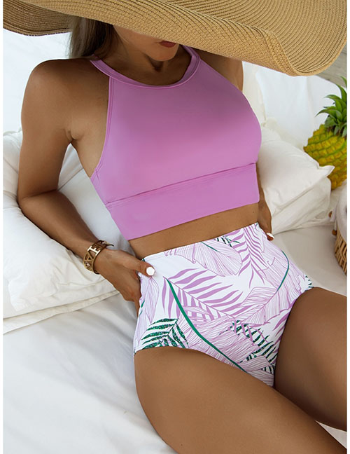 Fashion Purple Solid Color Printed High Waist Split Swimsuit