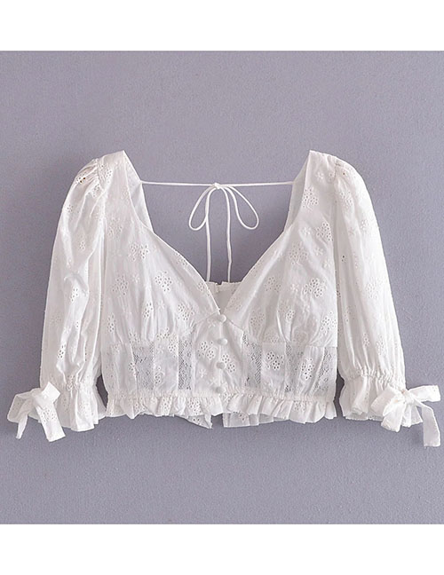 Fashion White Lace Embroidery Tie Puff Sleeve Top
