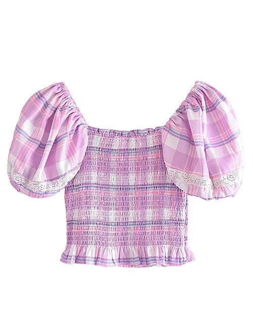 Fashion Pink Plaid Pleated Square Neck Puff Sleeve Top