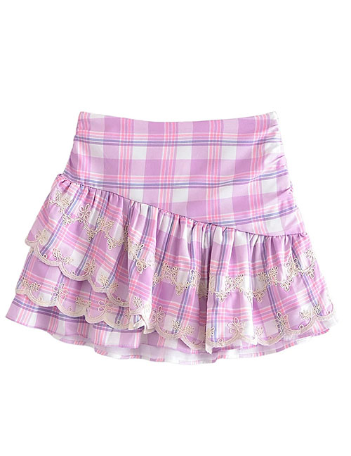 Fashion Pink Plaid Pleated Ruffle Skirt