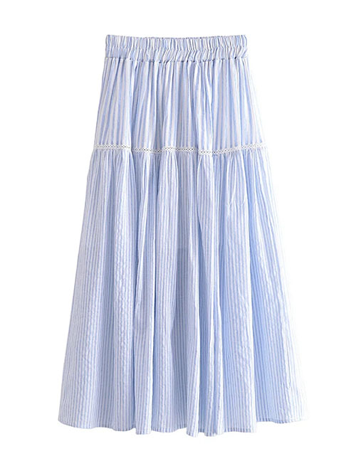 Fashion Blue Lace Stitching Striped Skirt
